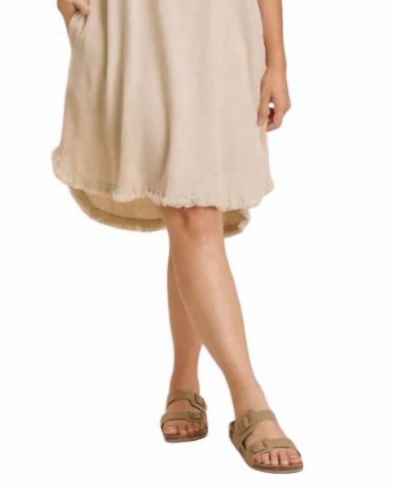 Front of a model wearing a size XL Linen Blend Short Crochet Sleeve Dress in Oatmeal in Oatmeal by Umgee. | dia_product_style_image_id:364288